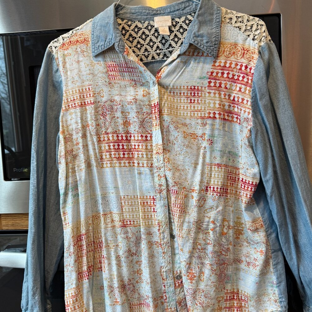 Chico's Button Down Long Sleeve Print Denim with Lace Shirt 2 - L